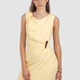 Rochie damă midi galbenă cu drapaj lateral și slit frontal