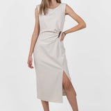 Rochie midi elegantă pentru femei cu drapaj și cataramă crem
