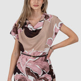 Rochie midi femei cu imprimeu floral abstract roz/maro