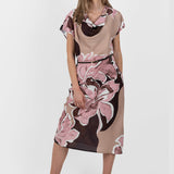 Rochie midi femei cu imprimeu floral abstract roz/maro