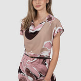 Rochie midi femei cu imprimeu floral abstract roz/maro