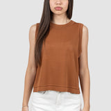 Bluză damă fără mâneci din tricot fin cu tiv decorativ camel