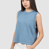 Bluză damă fără mâneci din tricot fin cu tiv drept albastru