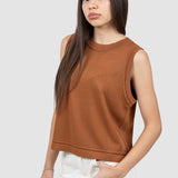Bluză damă fără mâneci din tricot fin cu tiv decorativ camel