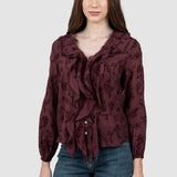 Cămașă damă bordo cu volane și imprimeu paisley