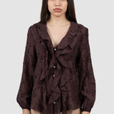 Cămașă damă maro cu volane și imprimeu paisley