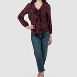 Cămașă damă bordo cu volane și imprimeu paisley