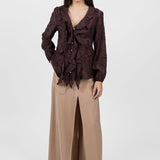 Cămașă damă maro cu volane și imprimeu paisley