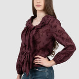 Cămașă damă bordo cu volane și imprimeu paisley