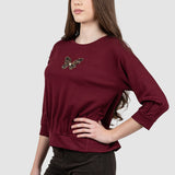 Bluză damă bordo cu aplicație fluture decorativ