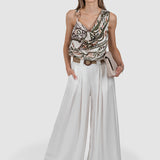 Pantaloni damă wide leg cu pliuri și buzunare alb