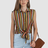 Cămașă damă fără mâneci cu imprimeu zig-zag multicolor