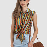 Cămașă damă fără mâneci cu imprimeu zig-zag multicolor