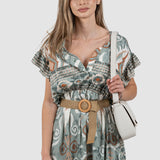 Rochie maxi femei cu imprimeu etnic și cordon kaki mix