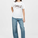 Tricou femei bumbac elastic cu imprimeu text, alb maro