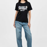 Tricou femei bumbac elastic cu imprimeu SMILE, negru