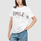 Tricou femei bumbac elastic cu imprimeu text, alb maro