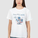 Tricou femei bumbac elastic cu imprimeu floral, alb albastru
