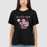 Tricou femei bumbac elastic cu imprimeu floral, negru roz