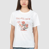 Tricou femei bumbac elastic cu imprimeu floral, alb cărămiziu