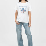 Tricou femei bumbac elastic cu imprimeu floral, alb albastru