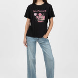 Tricou femei bumbac elastic cu imprimeu floral, negru roz