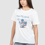 Tricou femei bumbac elastic cu imprimeu floral, alb albastru