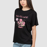 Tricou femei bumbac elastic cu imprimeu floral, negru roz