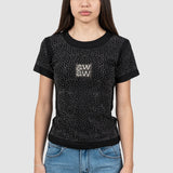 Tricou femei bumbac elastic perforat cu logo, negru