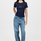 Tricou femei bumbac elastic perforat, logo frontal, bleumarin