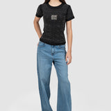 Tricou femei bumbac elastic perforat cu logo, negru