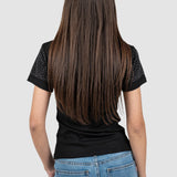 Tricou femei bumbac elastic perforat cu logo, negru