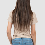 Tricou femei din bumbac elastic perforat, logo frontal, bej