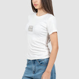 Tricou femei din bumbac elastic perforat, logo frontal, alb
