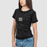 Tricou femei bumbac elastic perforat cu logo, negru