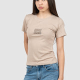 Tricou femei din bumbac elastic perforat, logo frontal, bej