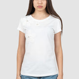Tricou femei bumbac elastic cu aplicații florale, alb
