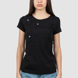 Tricou femei bumbac elastic cu aplicații florale, negru