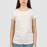Tricou femei bumbac elastic cu aplicații florale, crem