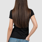 Tricou femei bumbac elastic cu aplicații florale, negru