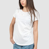 Tricou femei bumbac elastic cu aplicații florale, alb