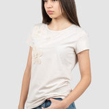 Tricou femei bumbac elastic cu aplicații florale, crem