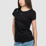 Tricou femei bumbac elastic cu aplicații florale, negru