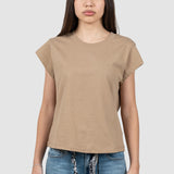 Tricou femei din bumbac cu mâneci scurte tip kimono, bej