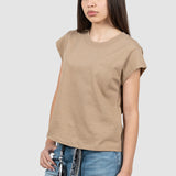 Tricou femei din bumbac cu mâneci scurte tip kimono, bej