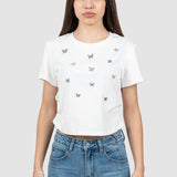 Tricou femei alb cu aplicații fluturi, croială lejeră