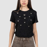 Tricou femei negru cu aplicații fluturi, croială cropped