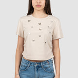 Tricou femei crem cu aplicații fluturi, croială lejeră