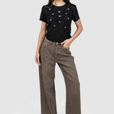 Tricou femei negru cu aplicații fluturi, croială cropped