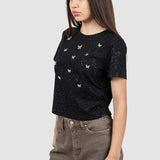 Tricou femei negru cu aplicații fluturi, croială cropped